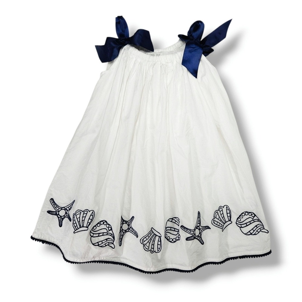 Rachel Zoe Girls Seashell Embroidered Bow Strap Cotton White Navy Swing Dress 2T